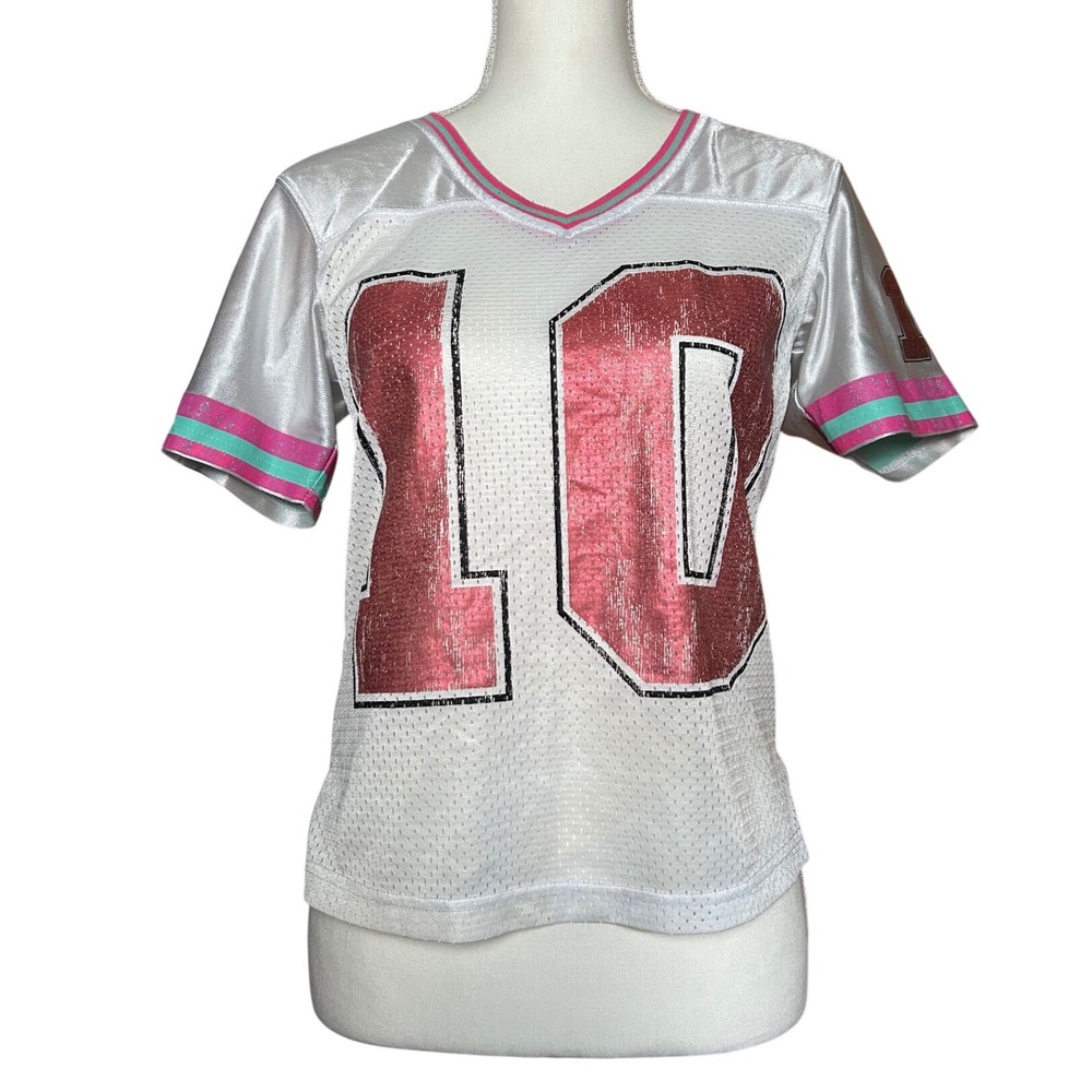 Y2K Derek Heart White Pink Sequin Glittwr Sparkly Football Jersey Top Women's XS